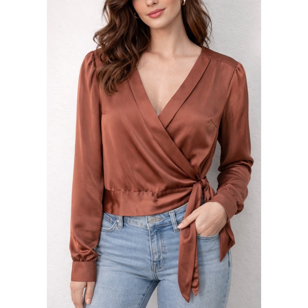 Abercrombie & Fitch Satin Wrap Crop Top Long Sleeve Tie Waist Rose Gold XS